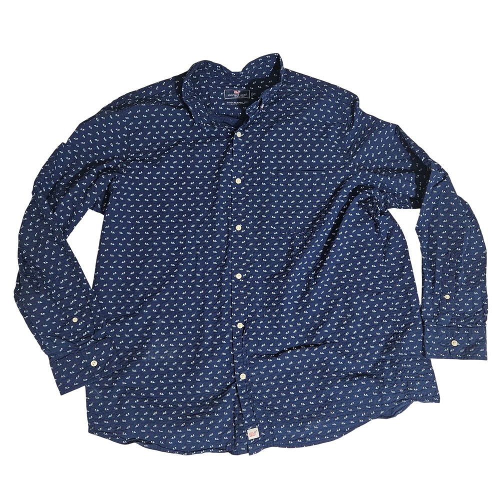 Vineyard Vines Murray Shirt Mens 2XL Navy Sailboat Print Classic Fit Stretch